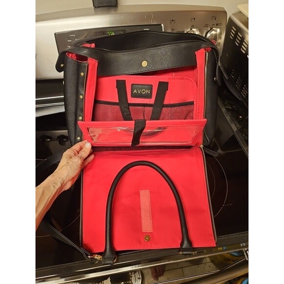 Avon Consultant Premier Beauty Business Tote Bag Purse Black & Pink With Insert - Picture 2 of 16